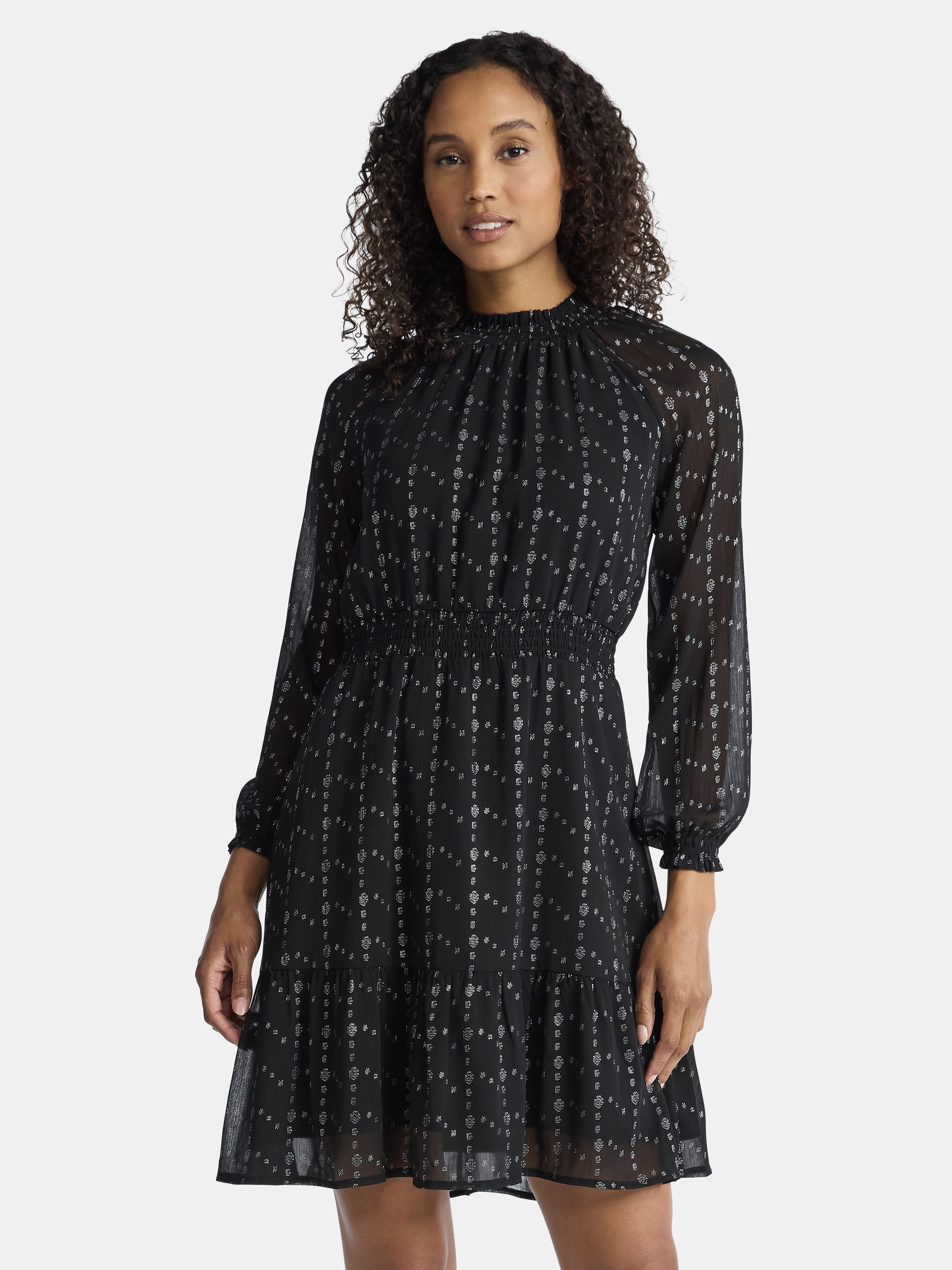 Time and Tru Women's Smocked Mini Dress with Long Sleeves, Sizes XS-XXXL