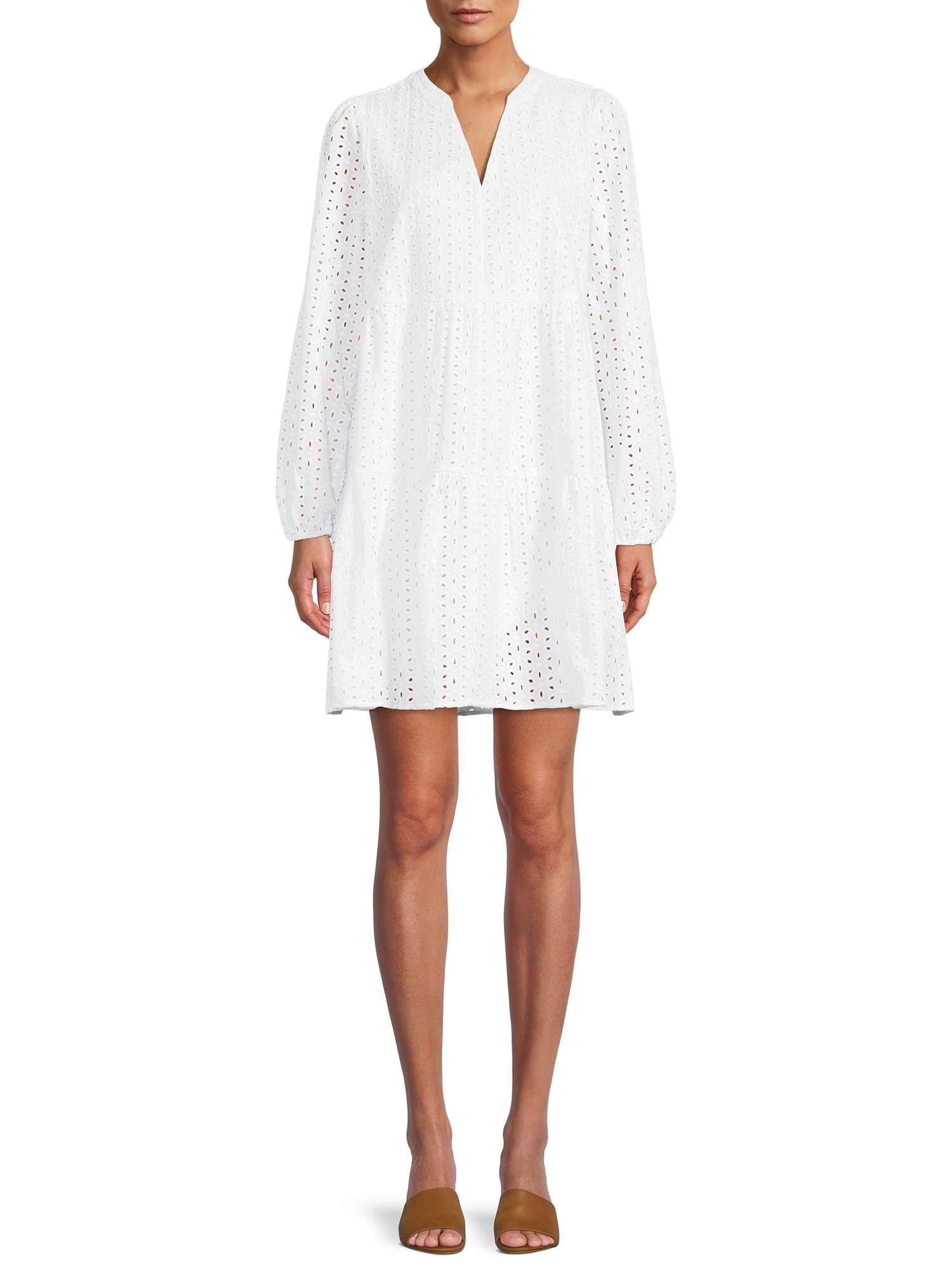 Time and Tru Women's Long Sleeve Solid and Eyelet Dress - image 1 of 5