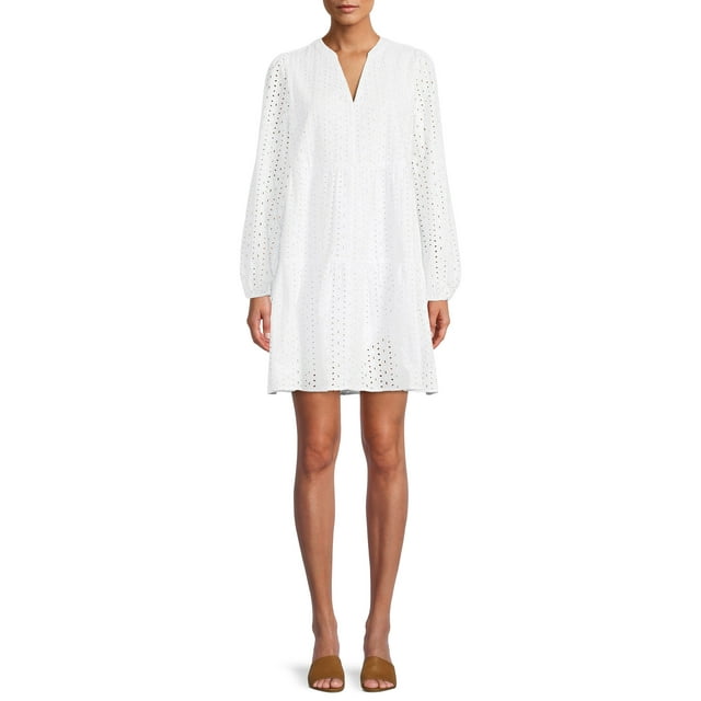 Time and Tru Women's Long Sleeve Solid and Eyelet Dress