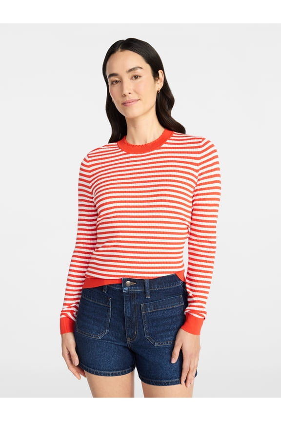 Women's Striped Pointelle Pullover Sweater with Long Sleeves, Midweight, Sizes XS-XXXL