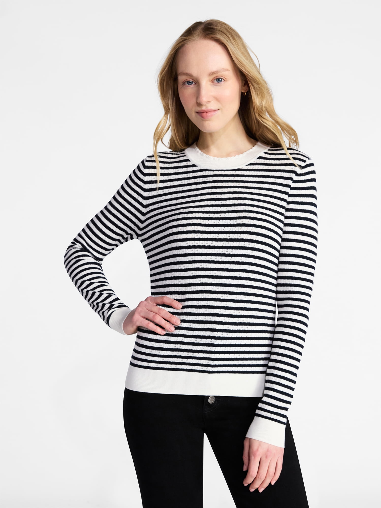 Time and Tru Women's Stripe Pointelle Rib Sweater with Long Sleeves, Lightweight, Sizes XS-XXXL