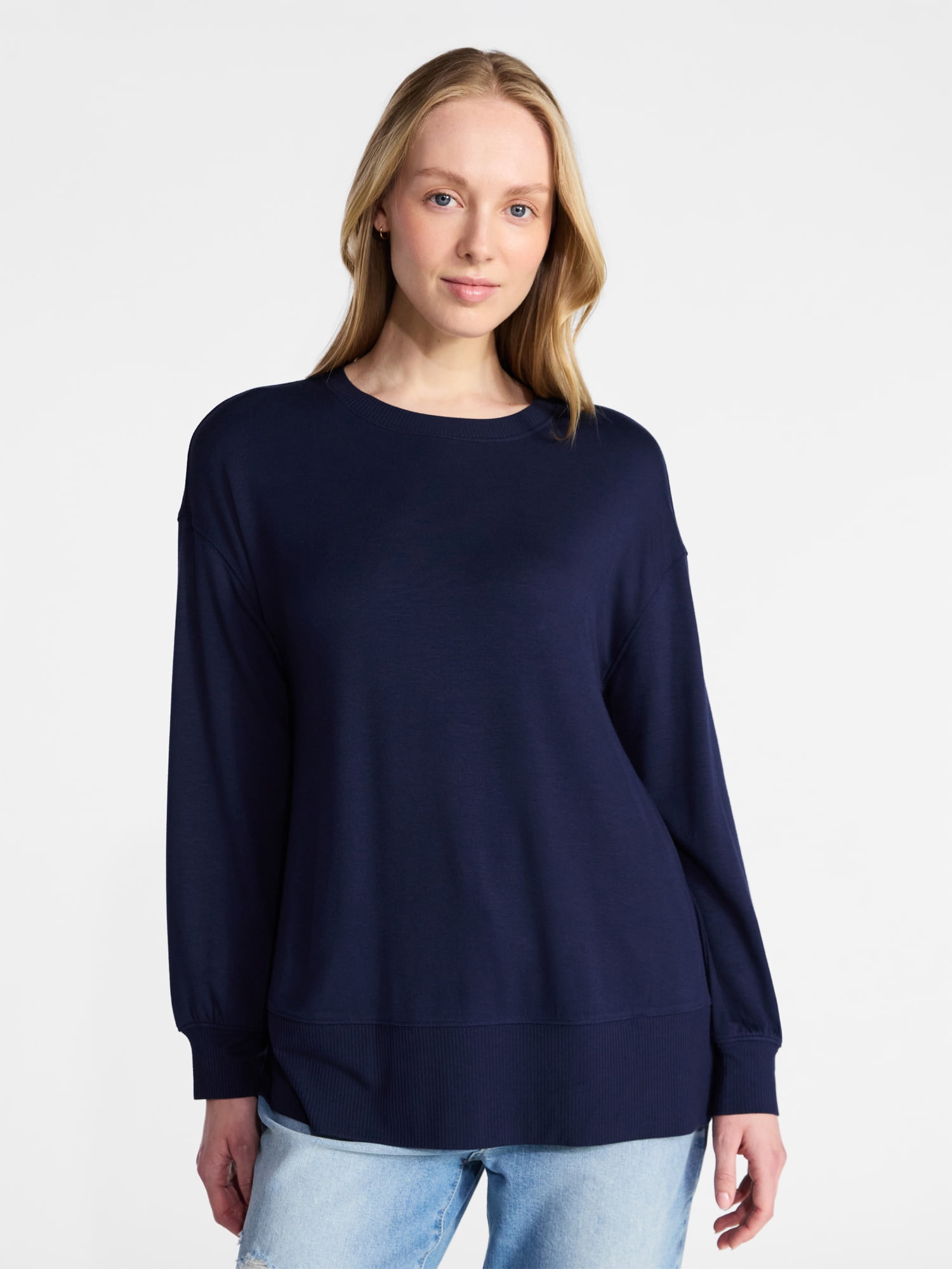 Time and Tru Women's French Terry Tunic Top with Long Sleeves, Sizes XS-XXXL