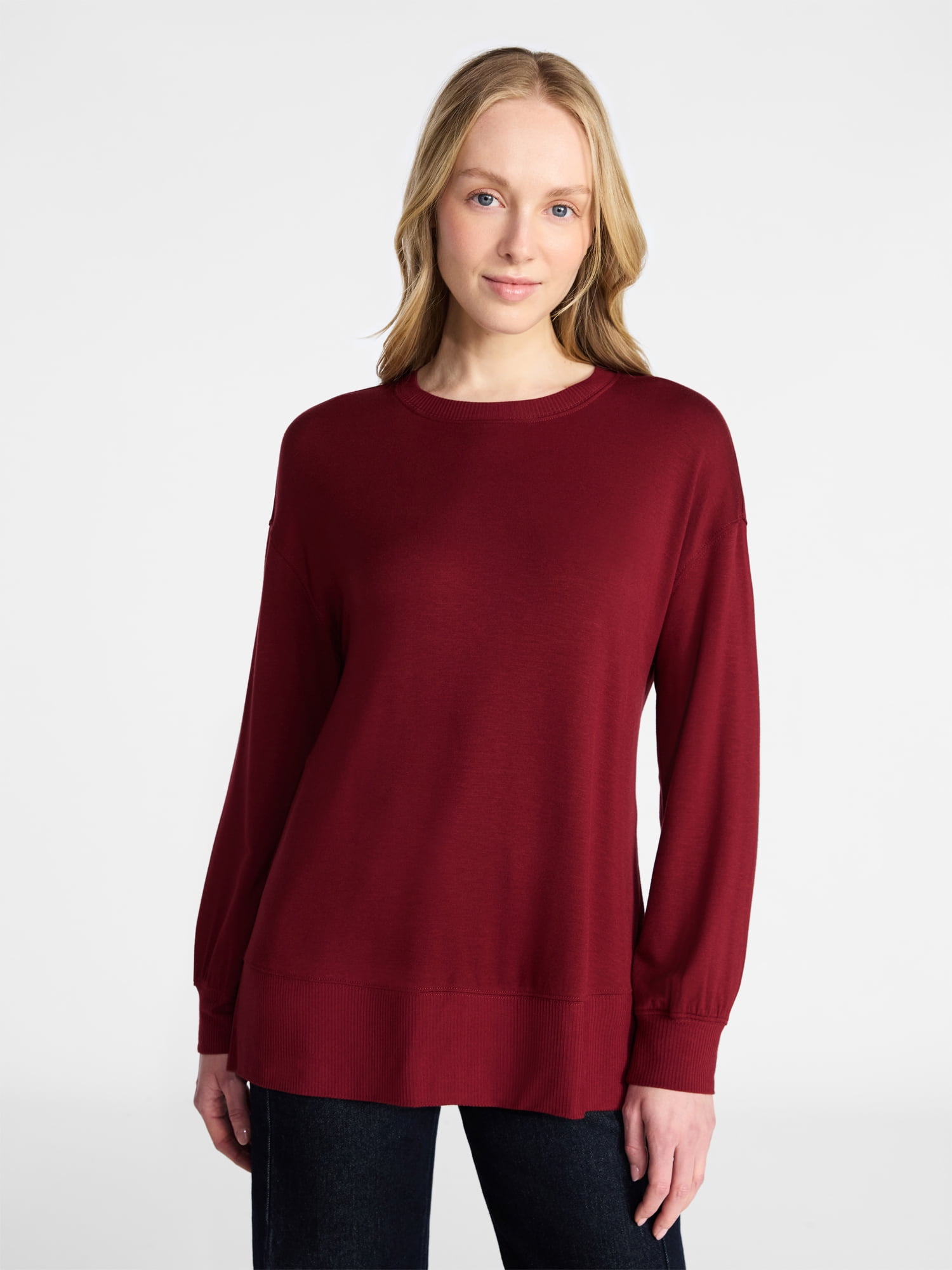 Time and Tru Women's French Terry Tunic Top with Long Sleeves, Sizes XS-XXXL