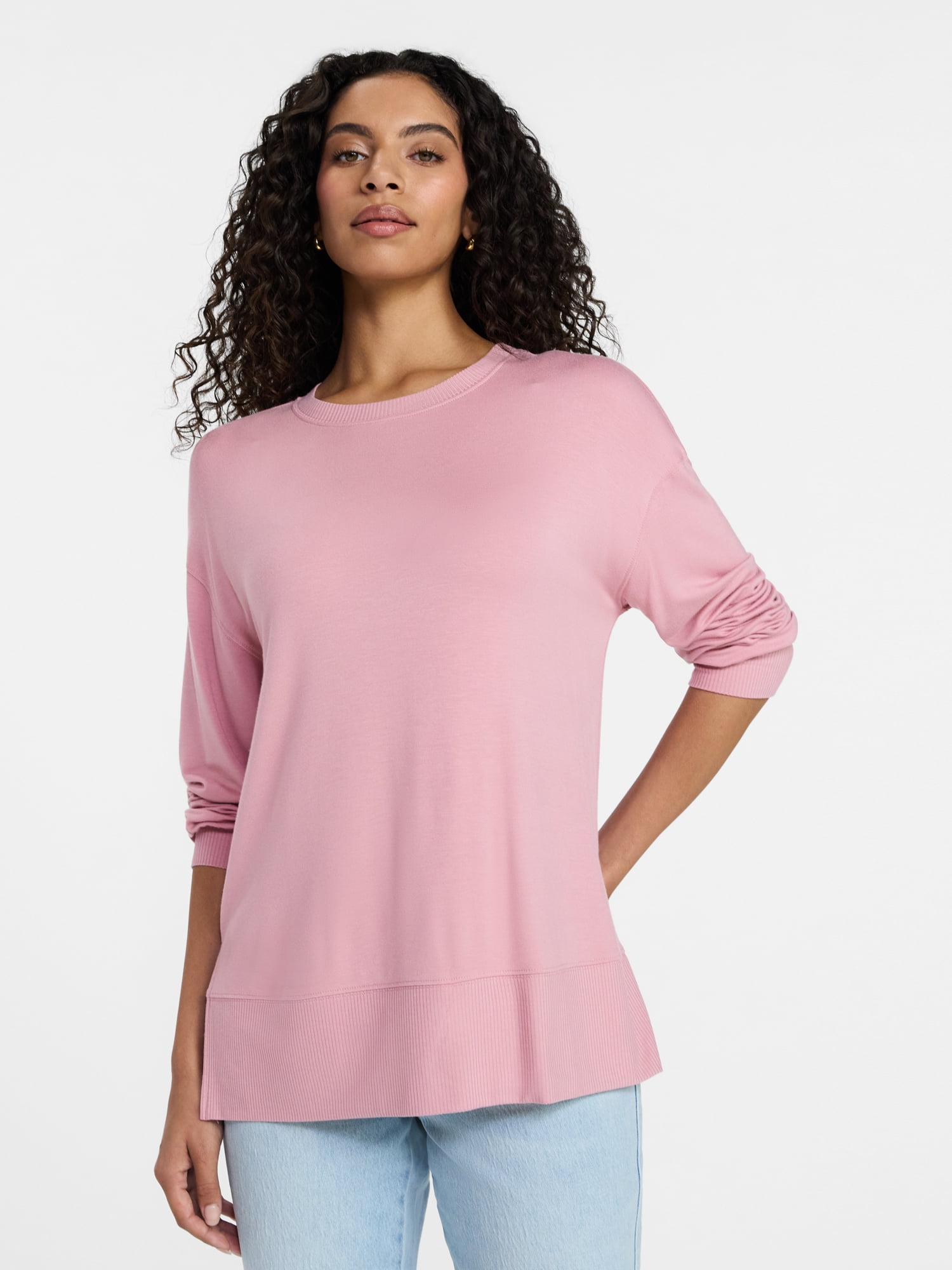 Time and Tru Women's French Terry Tunic Top with Long Sleeves, Sizes XS-XXXL