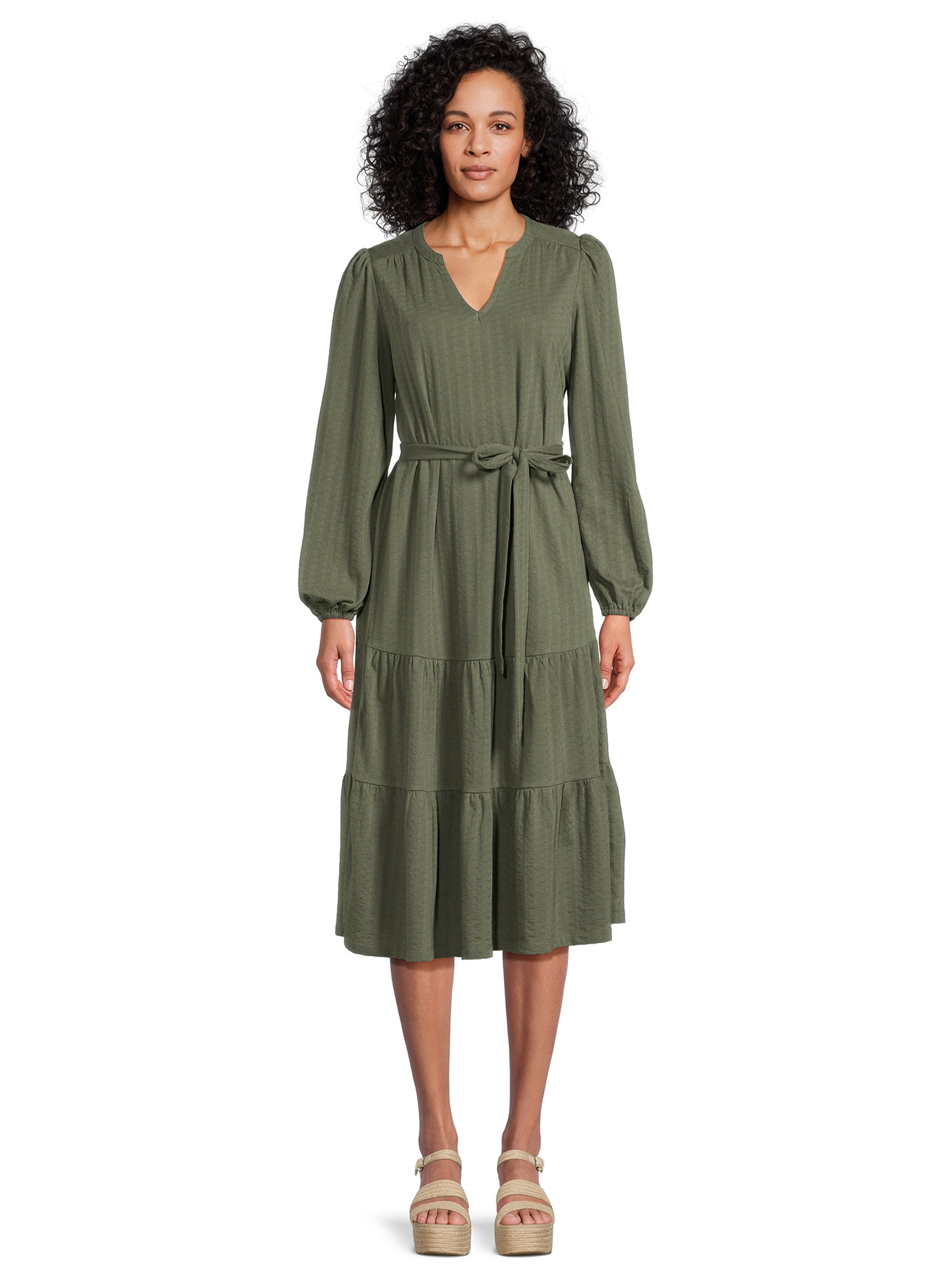 Time and Tru Women's Long Sleeve Textured Midi Dress - Walmart.com