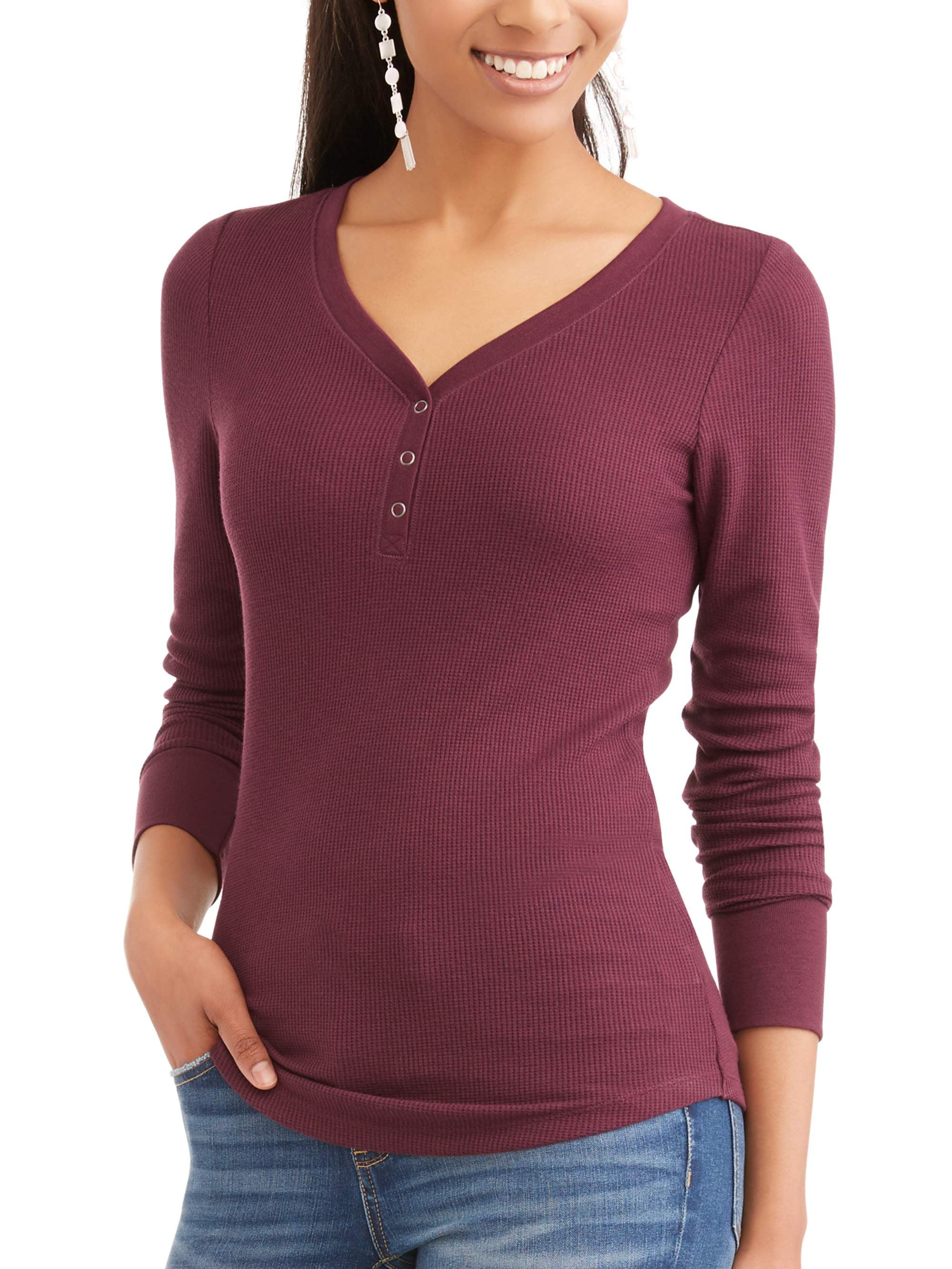 Time and Tru Women's Long Sleeve Thermal Henley T-Shirt 