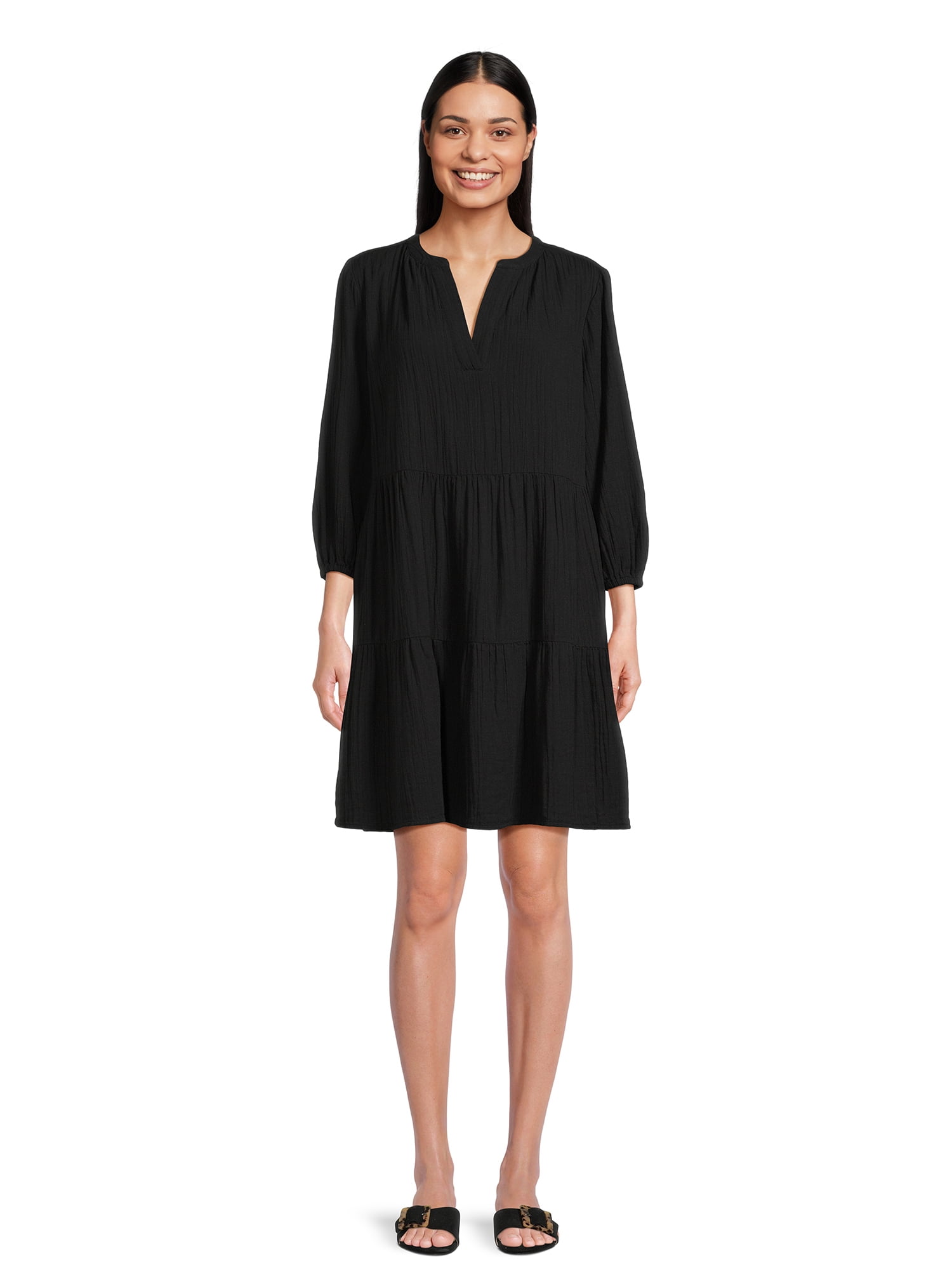 Time and Tru Women's Long Sleeve Tiered Double Cloth Dress, Sizes XS ...