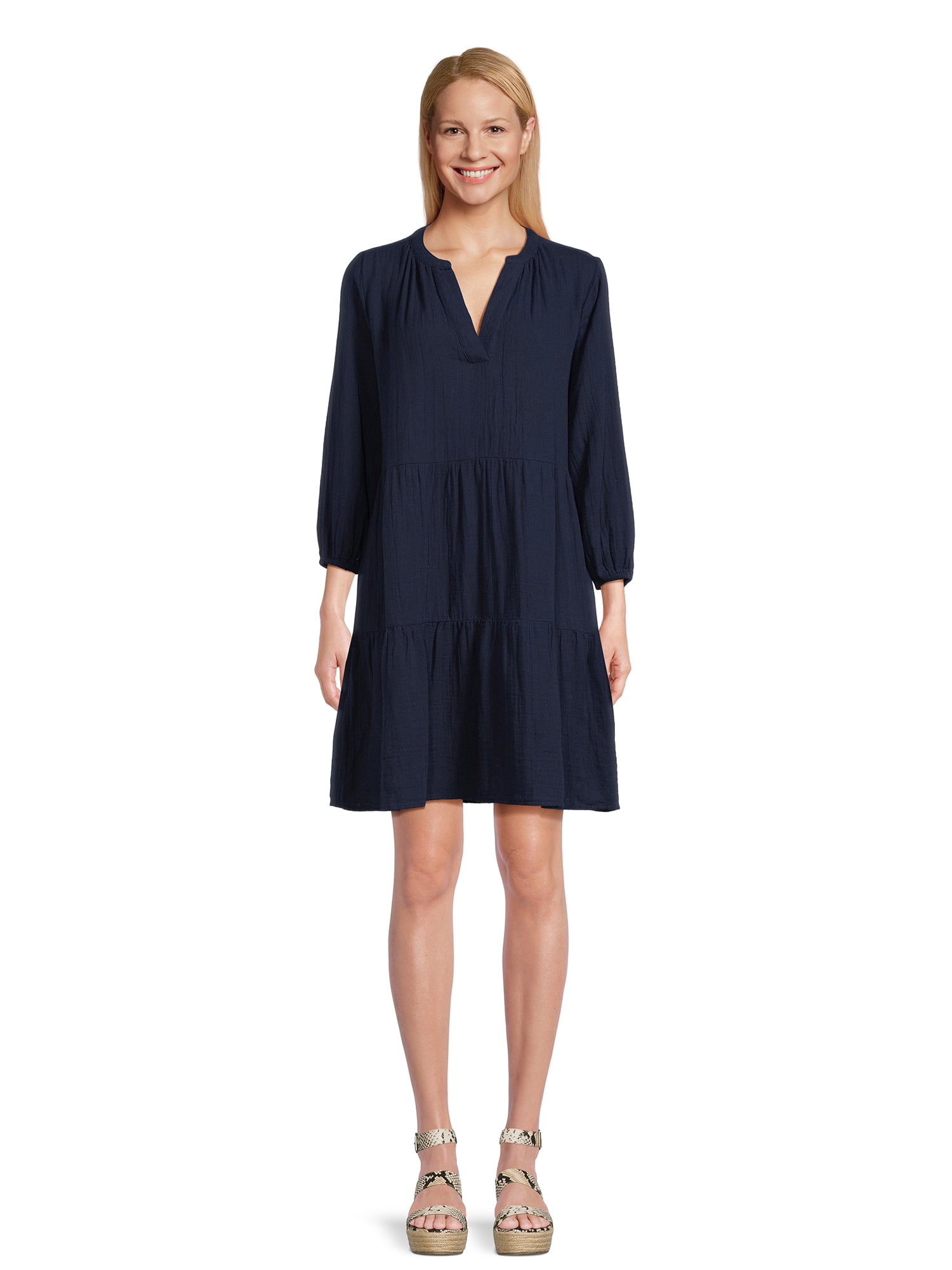 Time and Tru Women's Long Sleeve Tiered Double Cloth Dress, Sizes XS ...