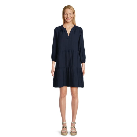 Time and Tru Women's Long Sleeve Tiered Double Cloth Dress, Sizes XS-XXXL