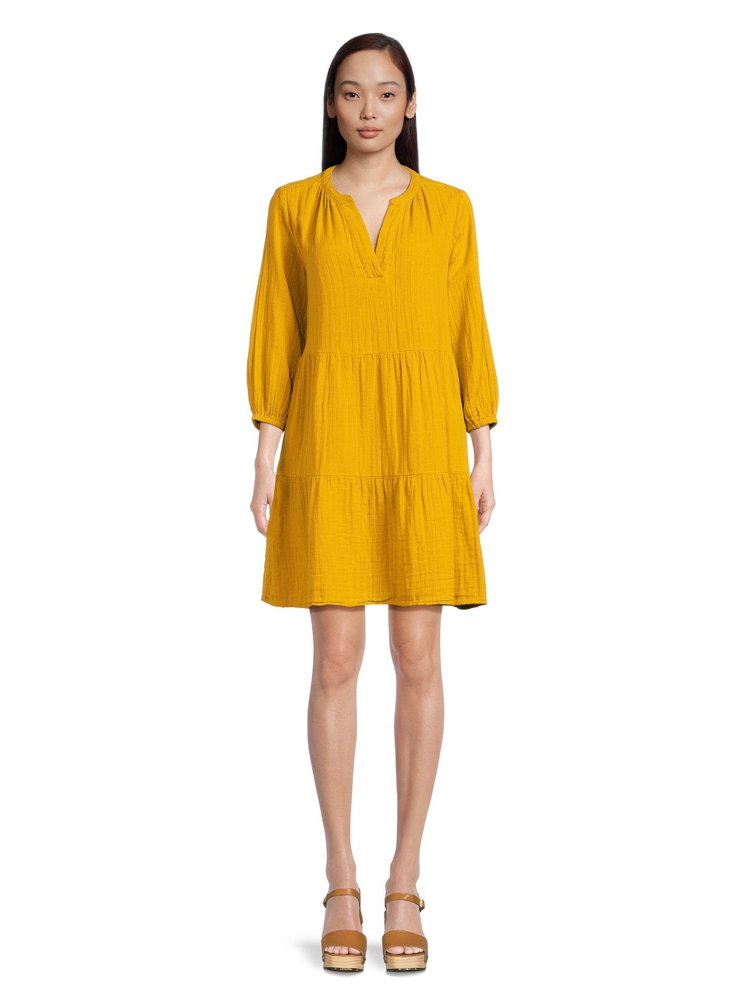 Time and Tru Women's Long Sleeve Tiered Double Cloth Dress, Sizes XS