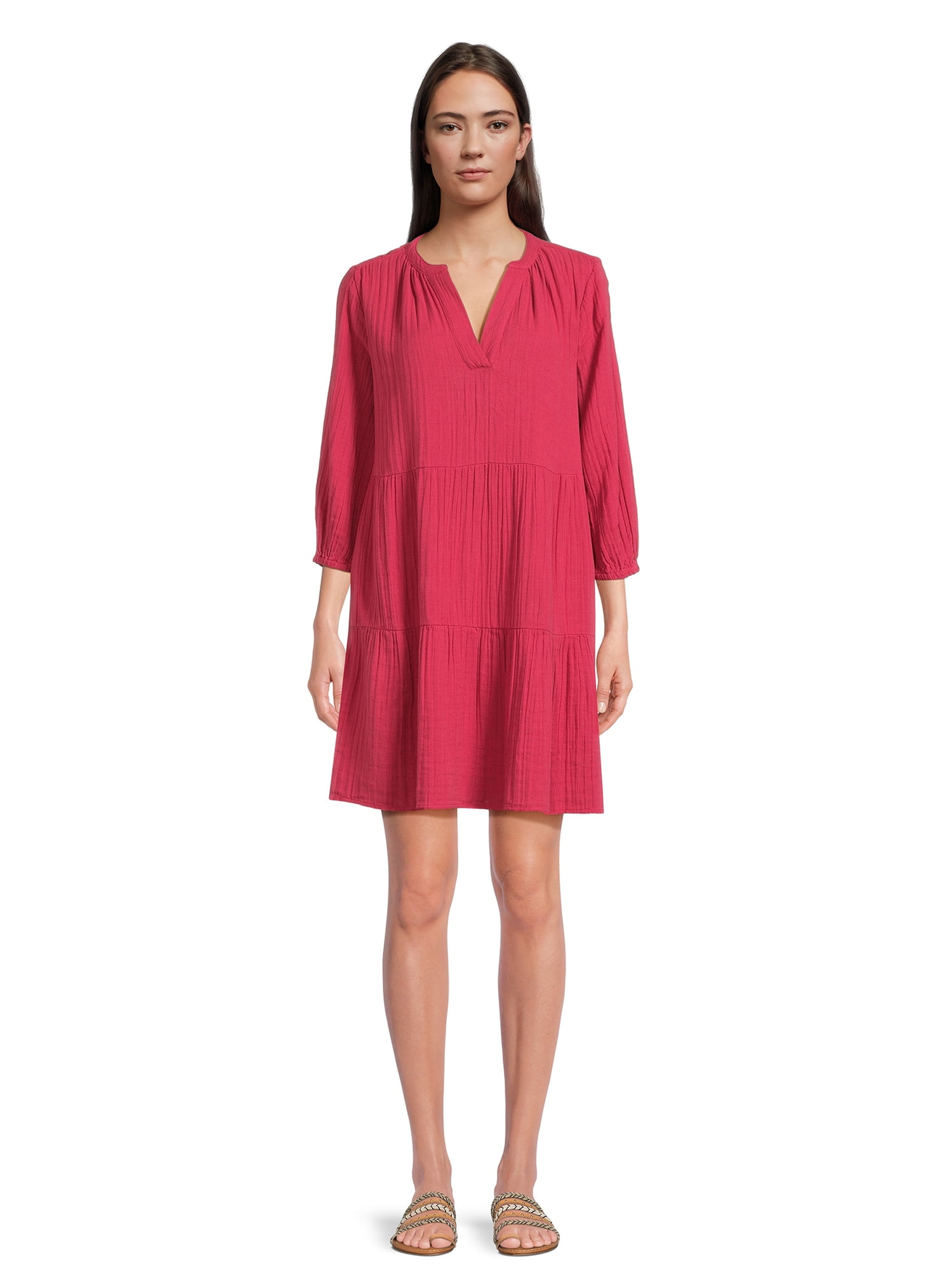 Time and Tru Women's Long Sleeve Tiered Double Cloth Dress, Sizes XS