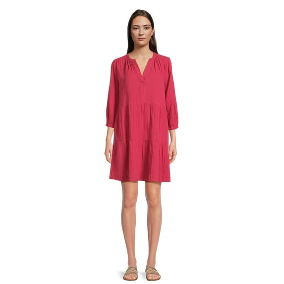 Time and Tru Women's Long Sleeve Tiered Double Cloth Dress, Sizes XS-XXXL