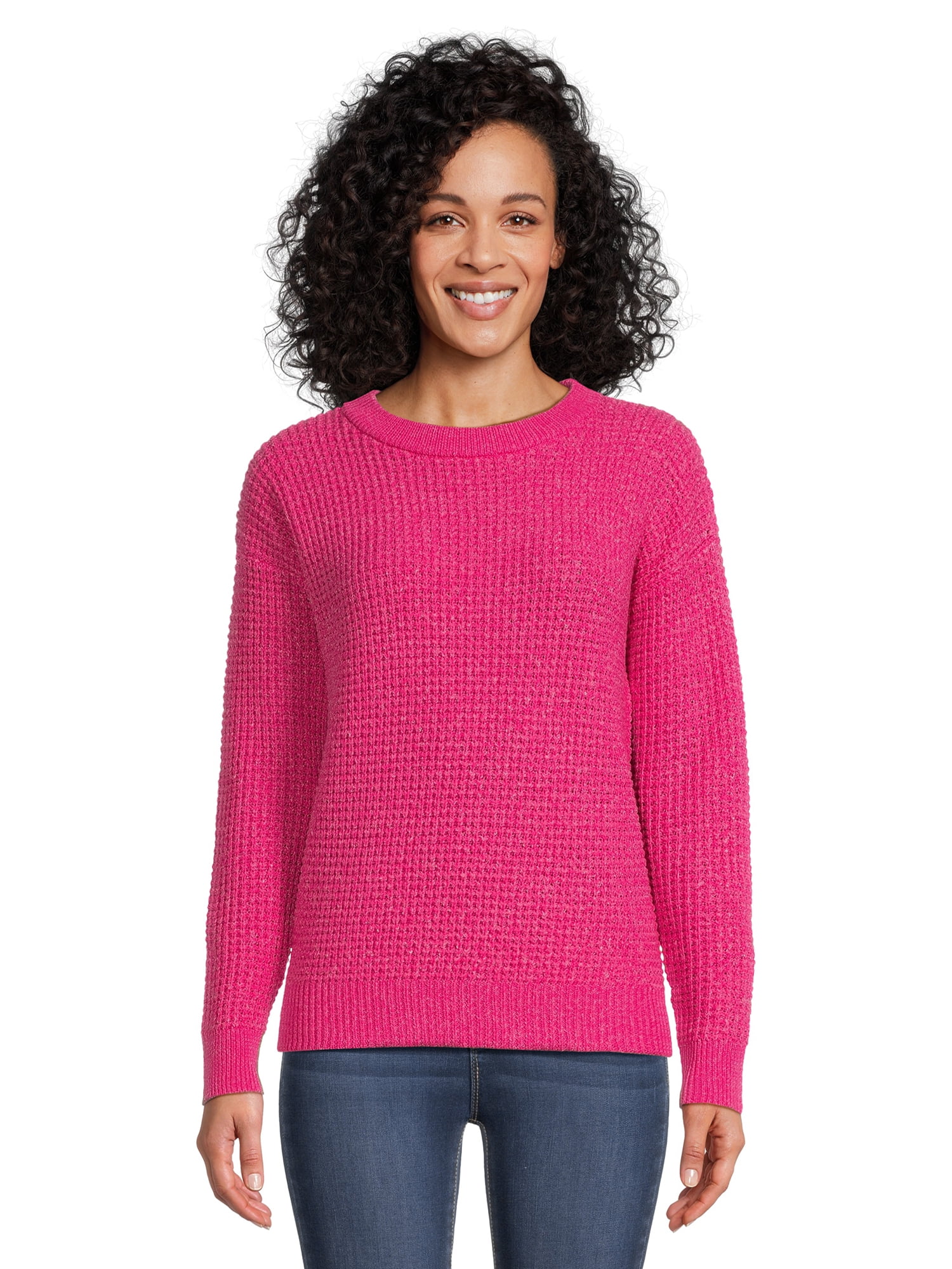 Time and Tru Women's Long Sleeve Waffle Crewneck Pullover Sweater ...