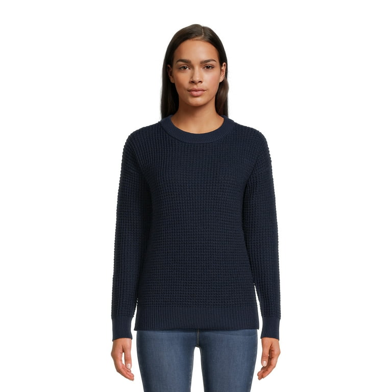Time and Tru Women s Long Sleeve Waffle Crewneck Pullover Sweater