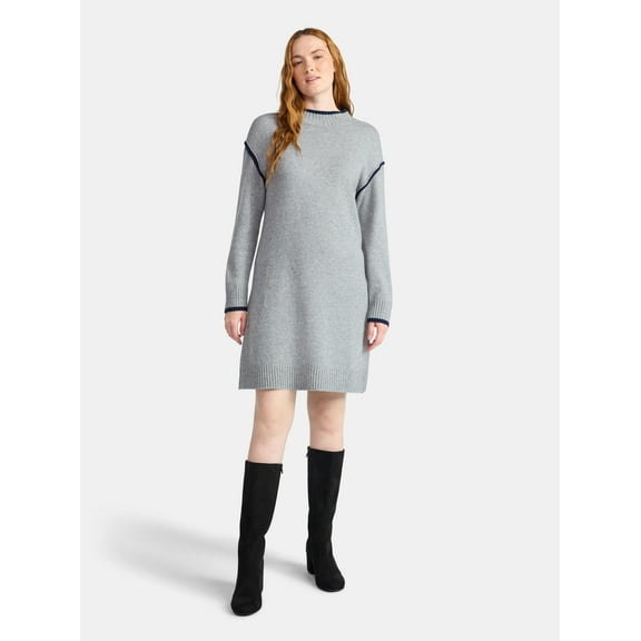 Time and Tru Women's Tipped Sweater Dress, Midweight, Sizes XS-XXXL