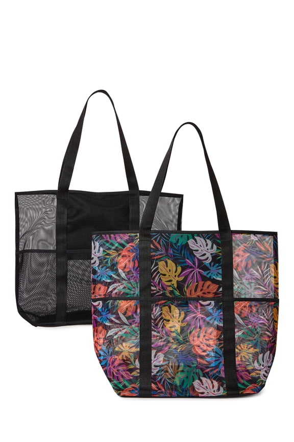 Women's Mesh Beach Beach Tote Bag, 2-Pack Leaf Print / Black