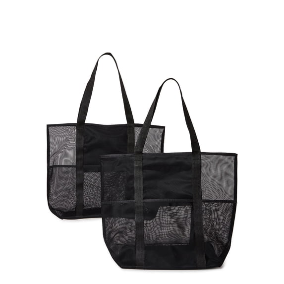 Time and Tru Women's Mesh Beach Tote Bag, 2-Pack Black / Black