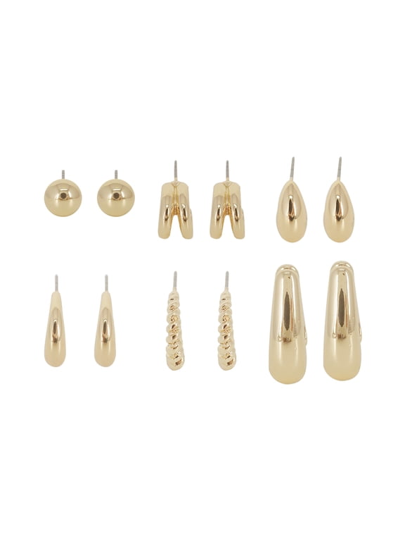 Women's Metal 6 Pair Stud and Hoop Earring in Gold Plated