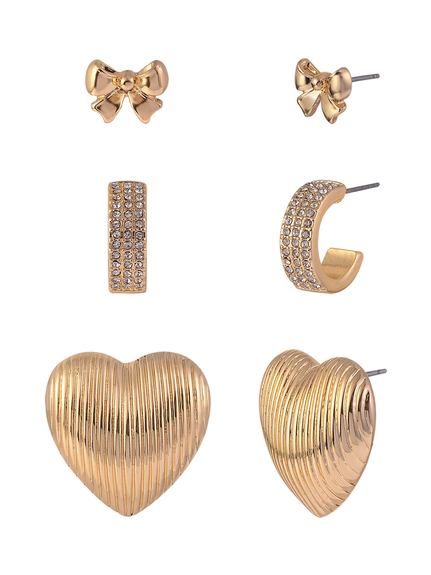 TIME AND TRU Women's Metal Bow Textured Heart Cry Pave Goldtone Hoop 3pc Multi Earring Set