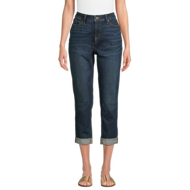 Time and Tru Women's Mid Rise Cropped Boyfriend Jeans with Rolled Cuffs, 26” Inseam, Sizes 2-20