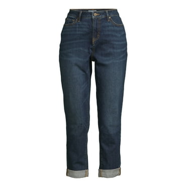 Time and Tru Women's Mid Rise Cropped Boyfriend Jeans with Rolled Cuffs, 26” Inseam, Sizes 2-20
