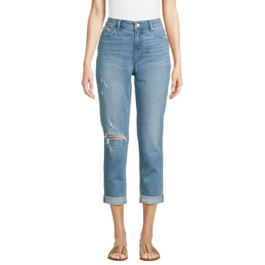 Time and Tru Women's Mid Rise Cropped Boyfriend Jeans with Rolled Cuffs, 26” Inseam, Sizes 2-20