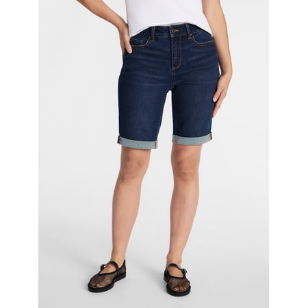 Time and Tru Women's Mid Rise Denim Bermuda Shorts, 10" Inseam, Sizes 0-22