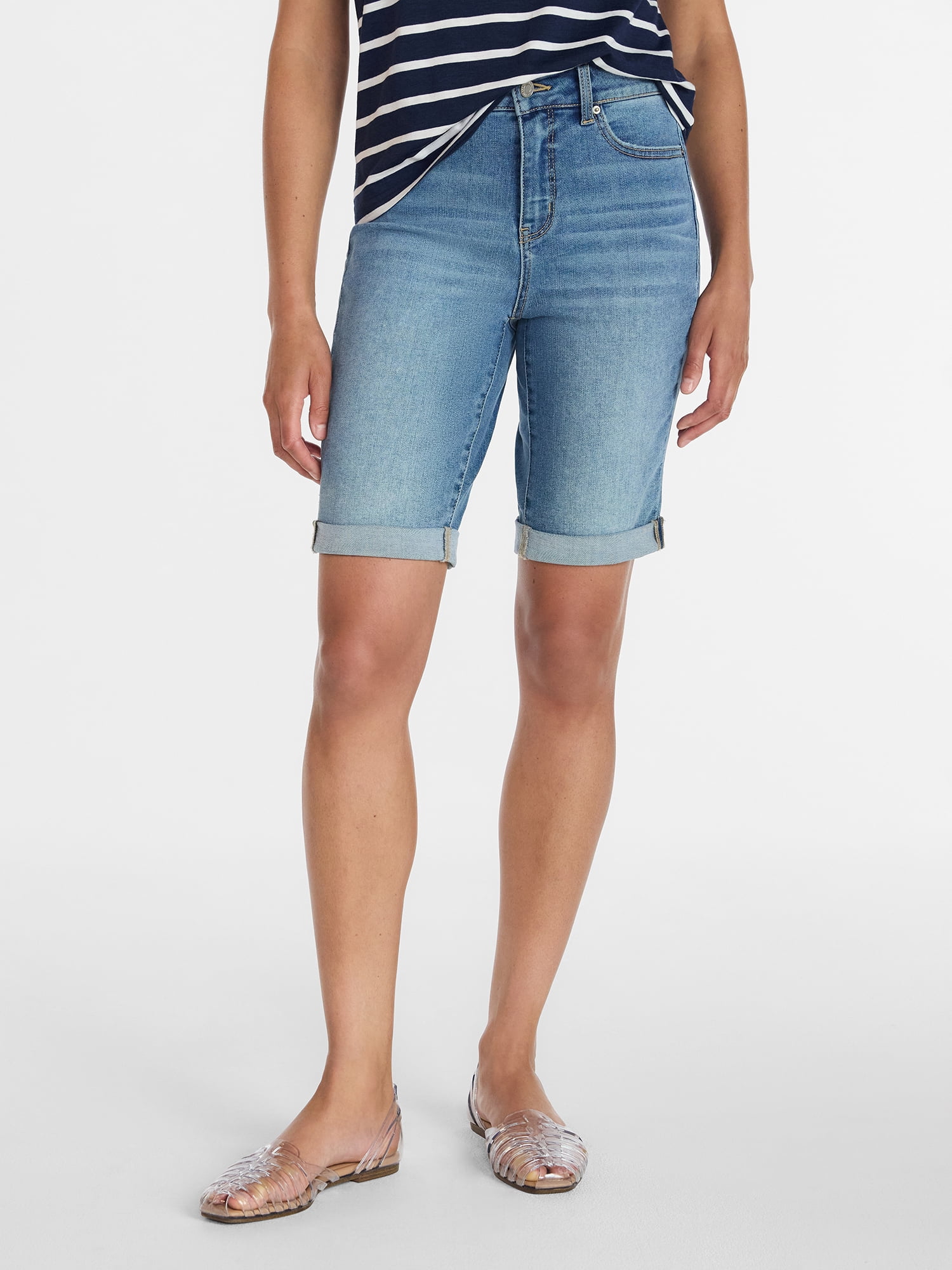 Time and Tru Women's Mid Rise Denim Bermuda Shorts, 10" Inseam, Sizes 0-22