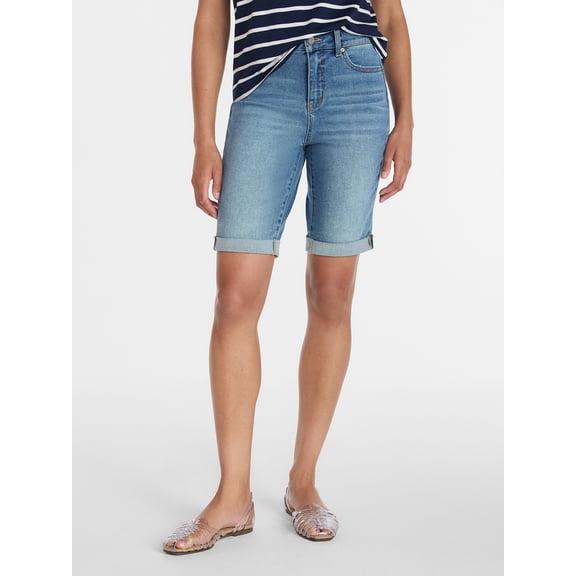 Time and Tru Women's Mid Rise Denim Bermuda Shorts, 10" Inseam, Sizes 0-22