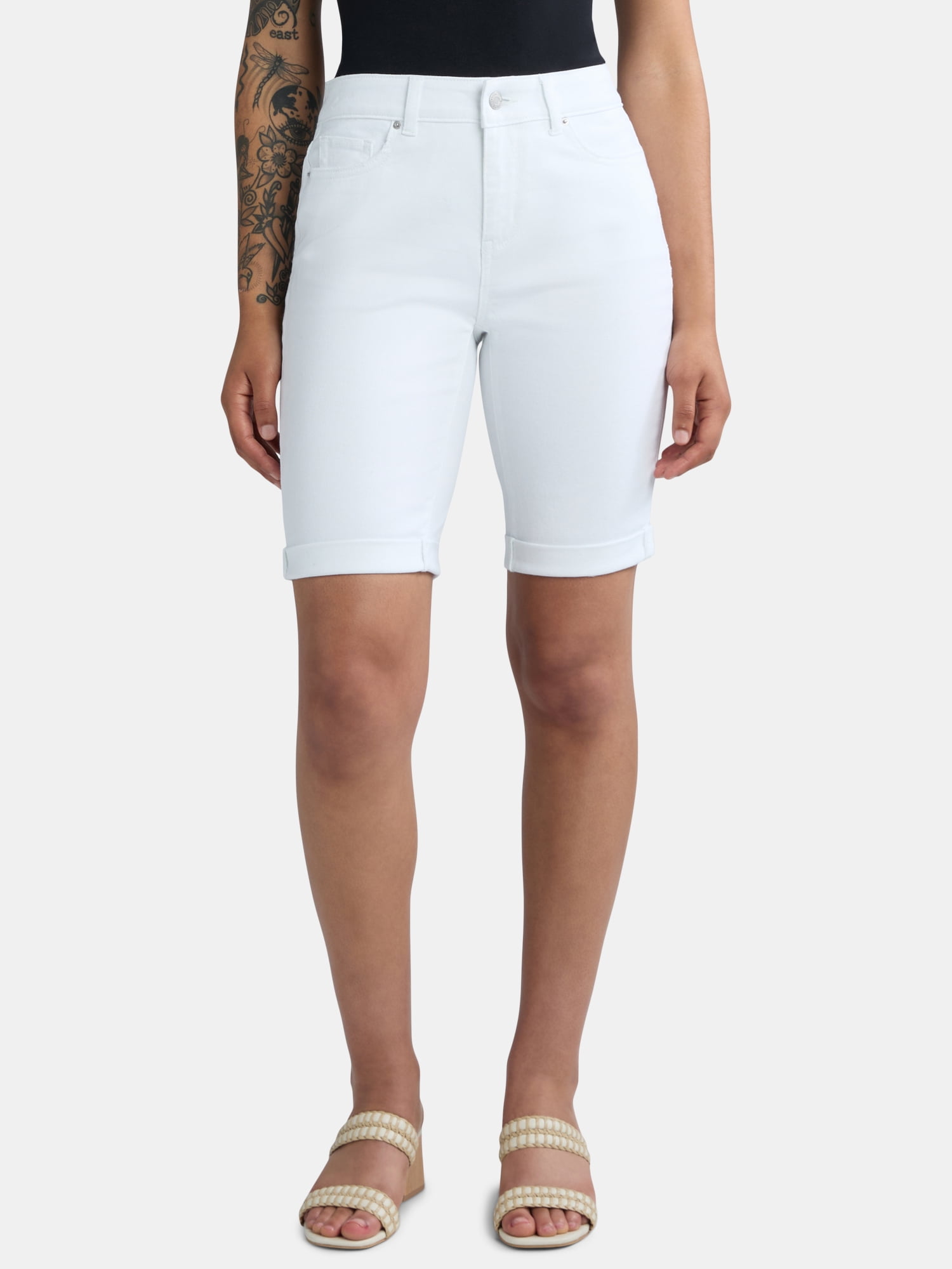 Time and Tru Women's Mid Rise Denim Bermuda Shorts, 10 Inseam, Sizes 0-22