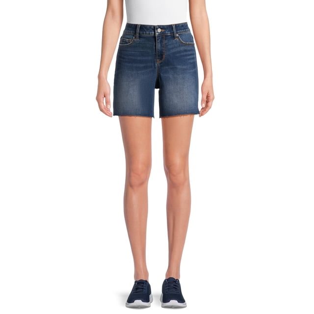 Time Tru Women's Mid-Rise Raw Hem Denim Shorts, 6” Inseam, Sizes