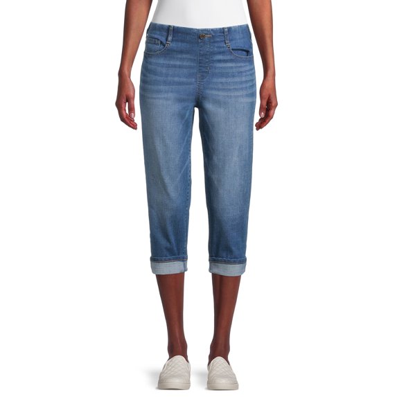 Time and Tru Women's Mid Rise Relaxed Fit 21" Inseam Pull-On Denim Capris