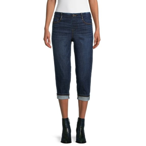 Time and Tru Women's Mid Rise Relaxed Fit 21" Inseam Pull-On Denim Capris
