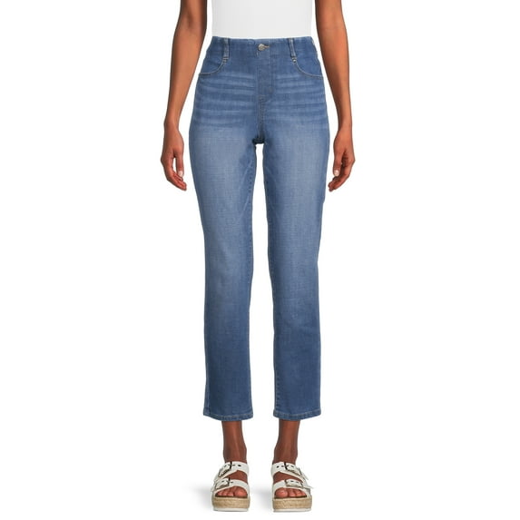 Time and Tru Women's Mid Rise Relaxed Straight Pull On Jeans