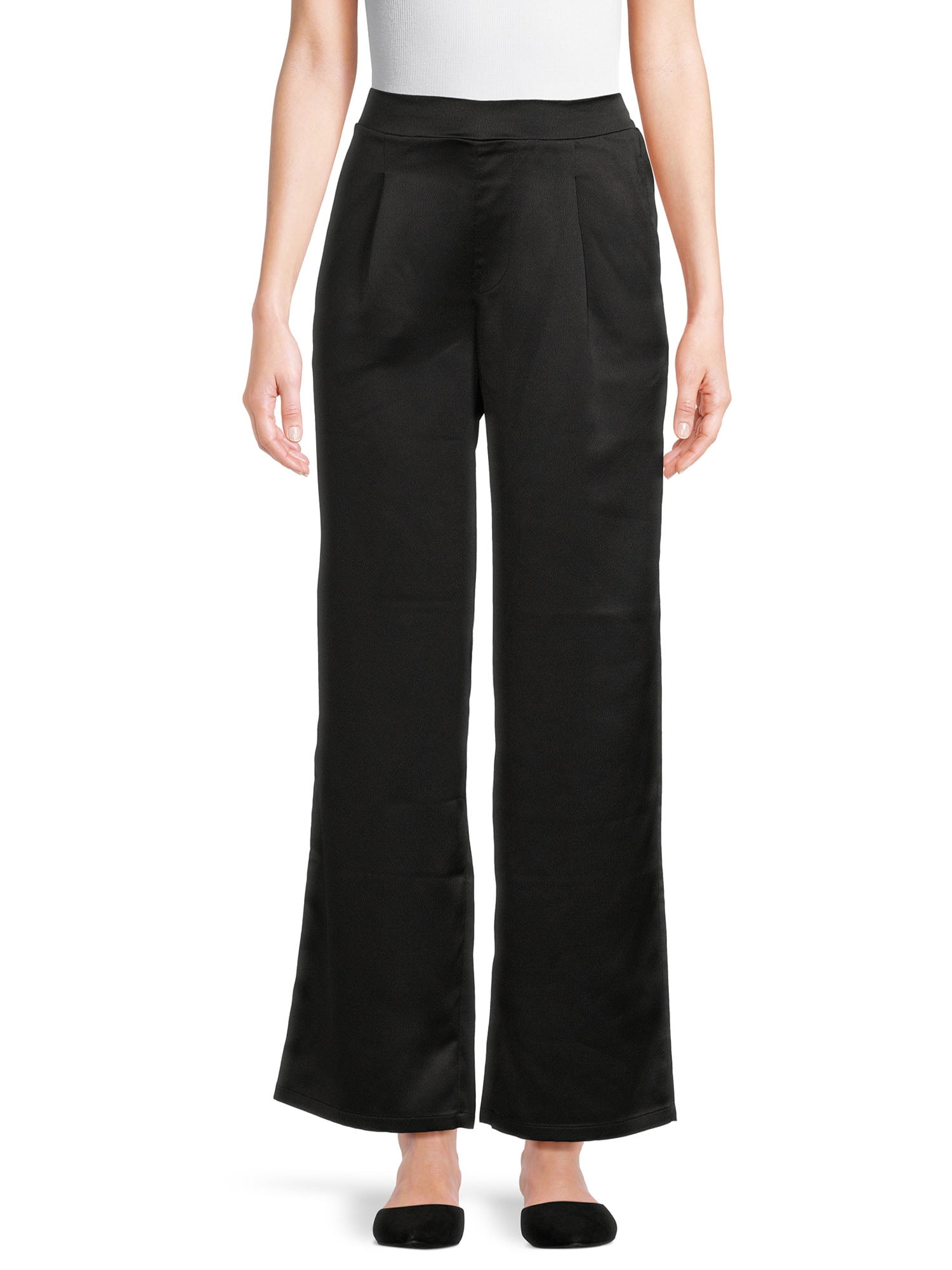 Time and Tru Women's Mid Rise Wide Leg Satin Trousers with Pockets, 30 ...