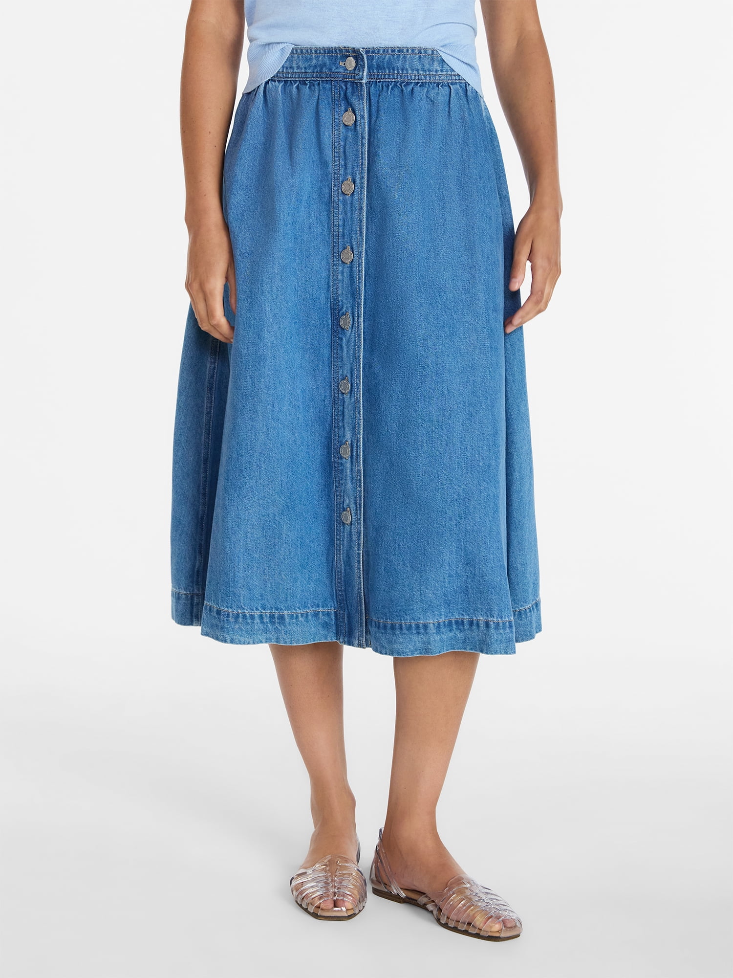Time and Tru Women's Button Front Denim Midi Skirt, Sizes XS-XXXL