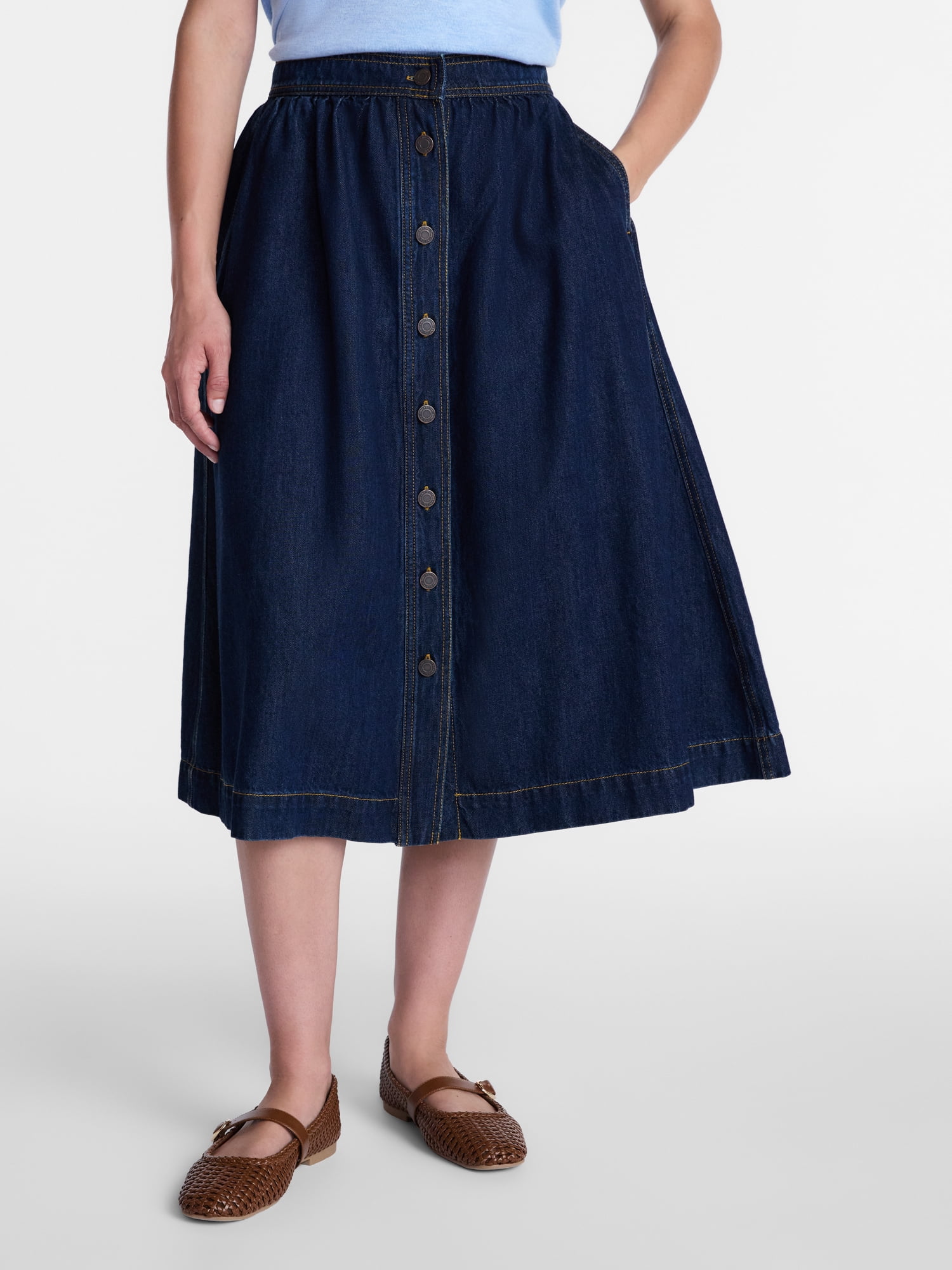 Time and Tru Women's Button Front Denim Midi Skirt, Sizes XS – XXXL