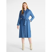 TIME AND TRU Women's Midi Shirt Dress with Long Sleeves, Sizes XS-XXXL