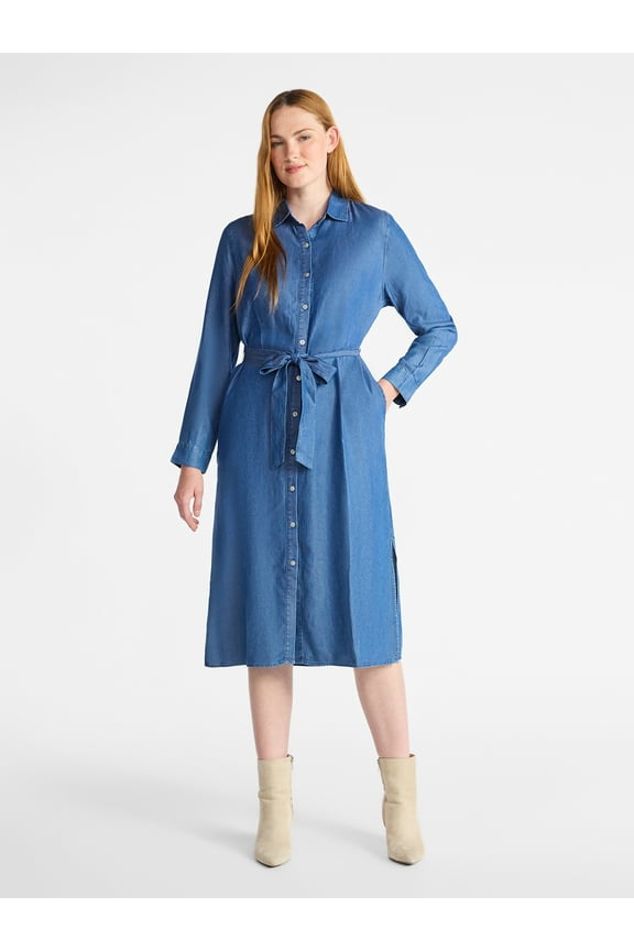Women's Midi Shirt Dress with Long Sleeves, Sizes XS-XXXL