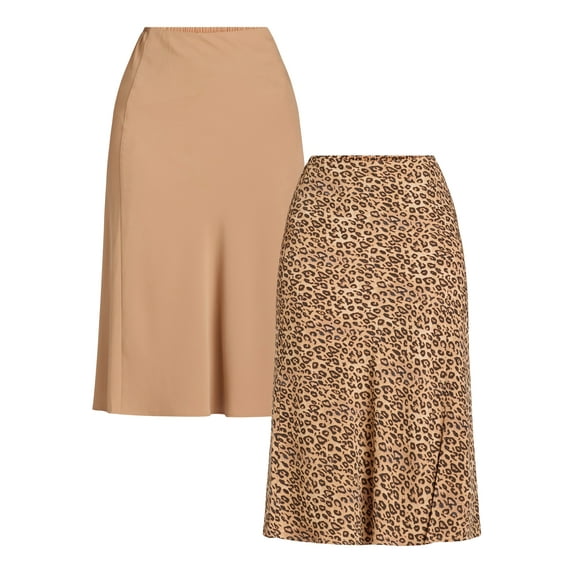 Time and Tru Women's Midi Slip Skirt, 2 Pack, Sizes XS-XXXL