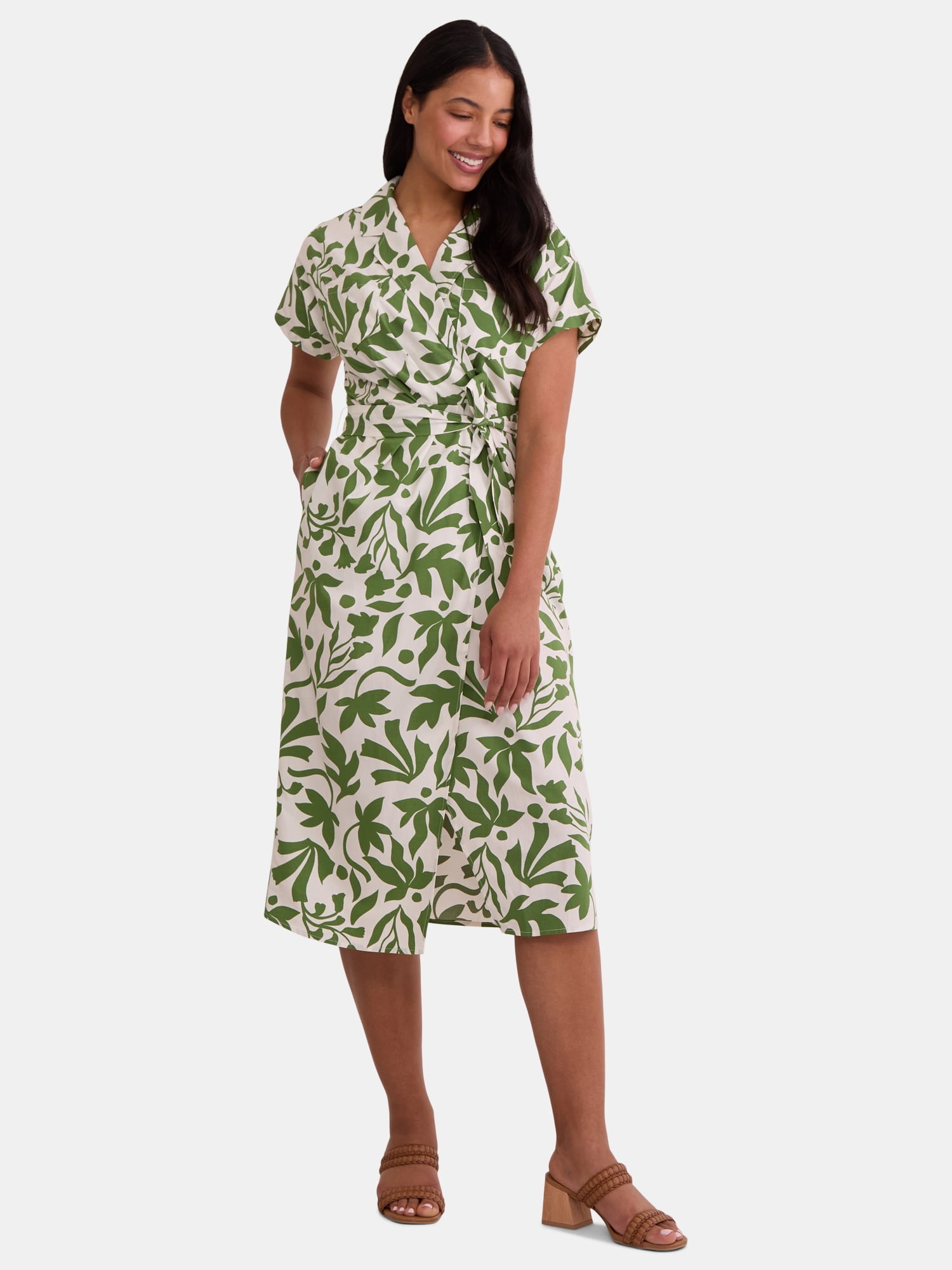 knee length dresses for ladies Dylin Plaid Wrap Tie Midi Shirt Dress in Olive main image 1