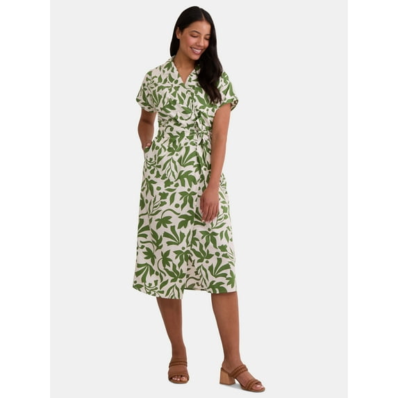 Time and Tru Women's Midi Wrap Shirt Dress, Sizes XS-XXXL