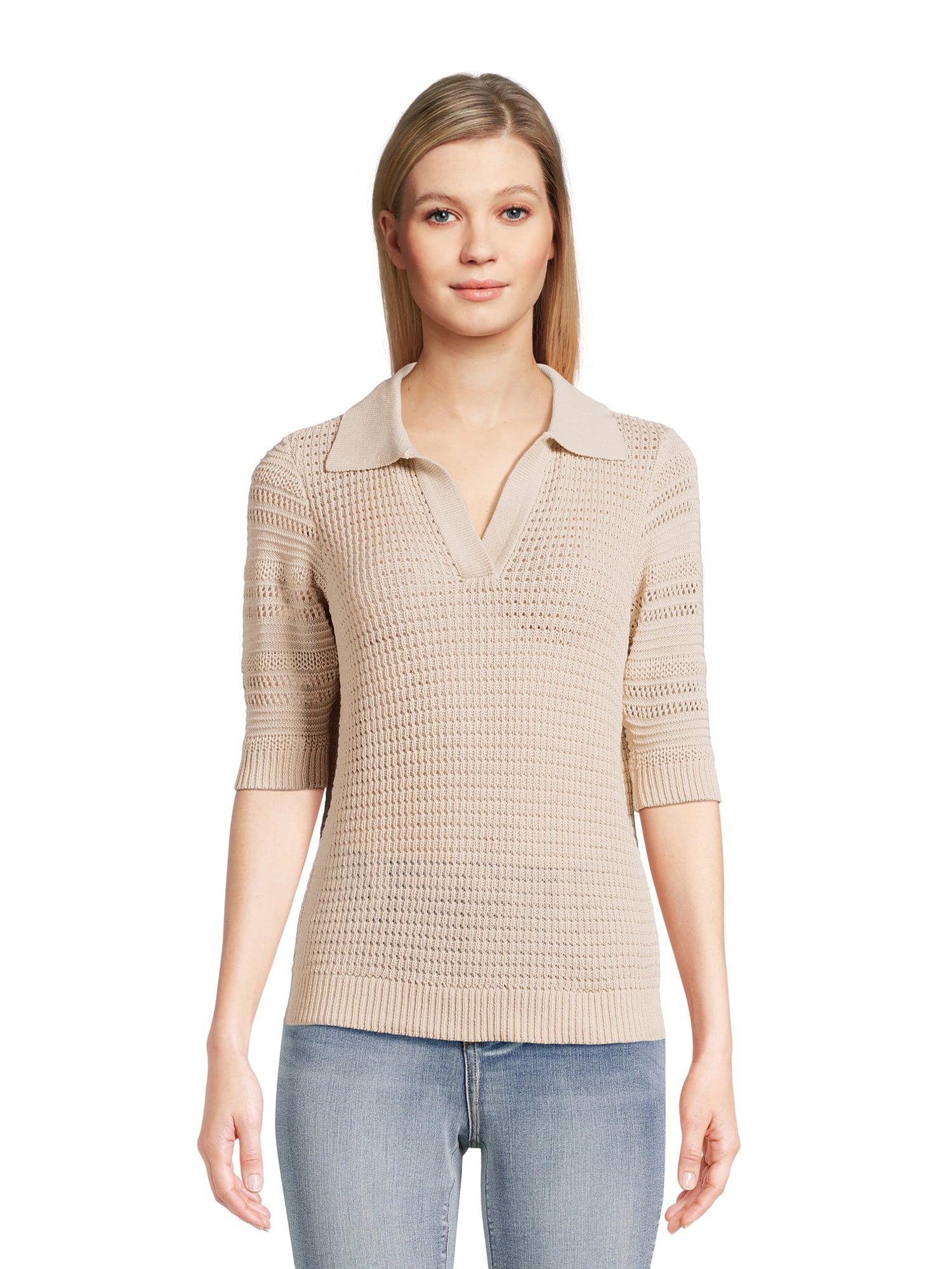 Time and Tru Women #39 s Midweight Polo Sweater with Elbow Length Sleeves Time and Tru Women #39 s Midweight Polo Sweater with Elbow Length Sleeves