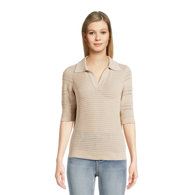 Time and Tru Women's Midweight Polo Sweater with Elbow Length Sleeves