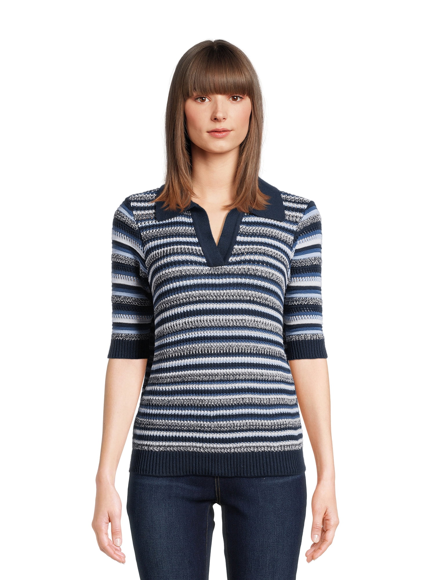 Time and Tru Women's Midweight Polo Sweater with Elbow Length Sleeves ...