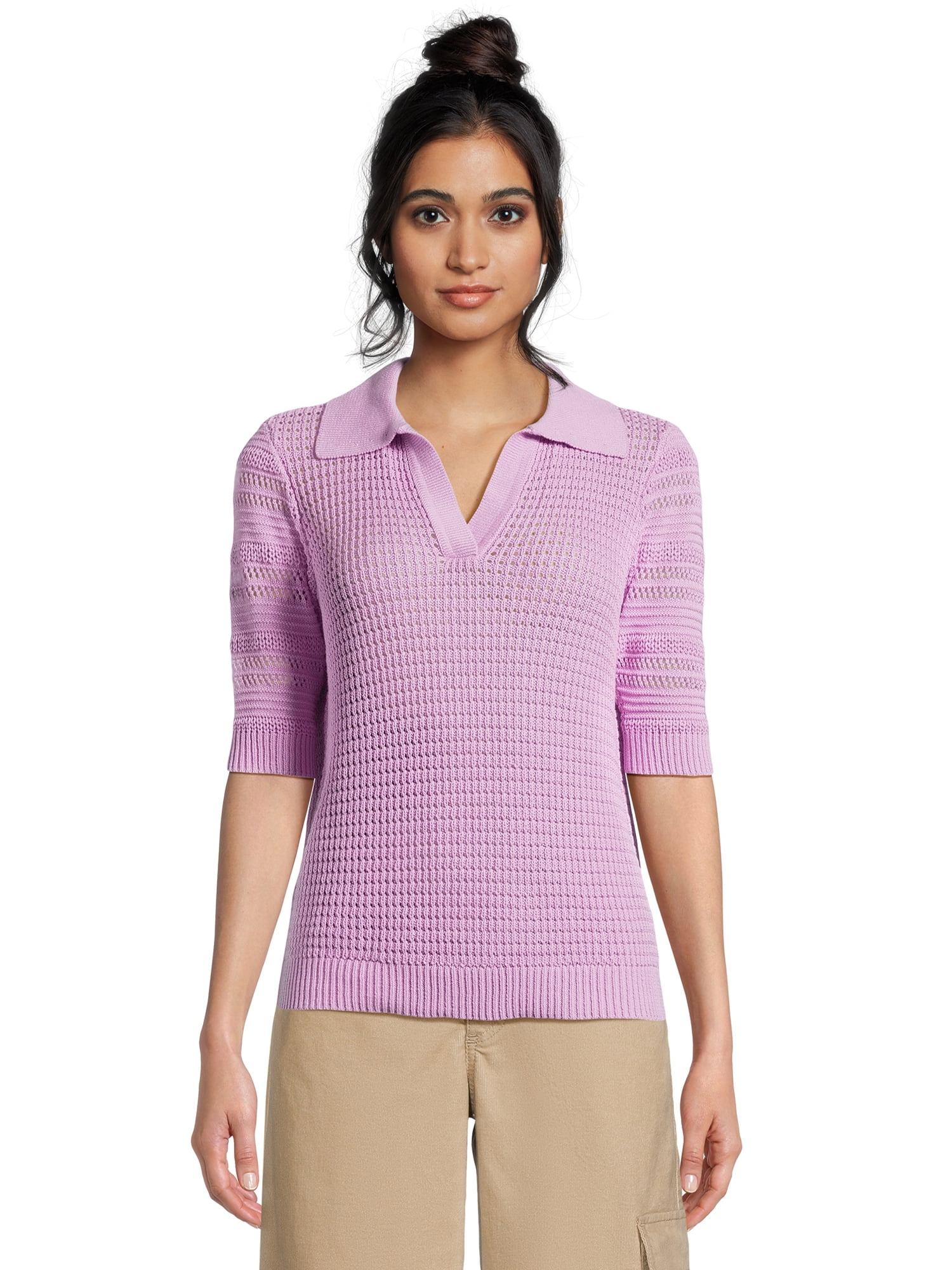 Time and Tru Women's Midweight Polo Sweater with Elbow Length Sleeves