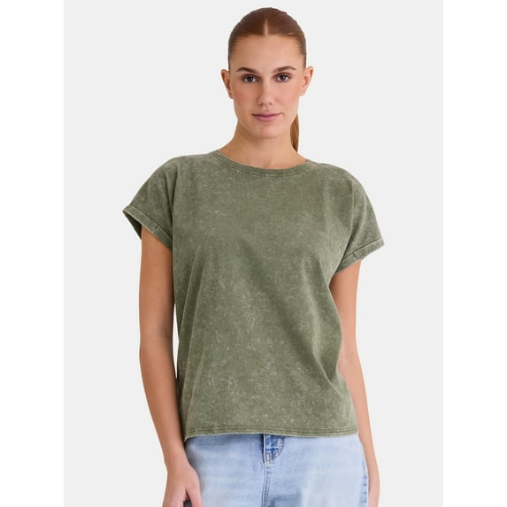 Time and Tru Women's Mineral Washed Dolman Tee with Rolled Cuffs, XS-XXXL