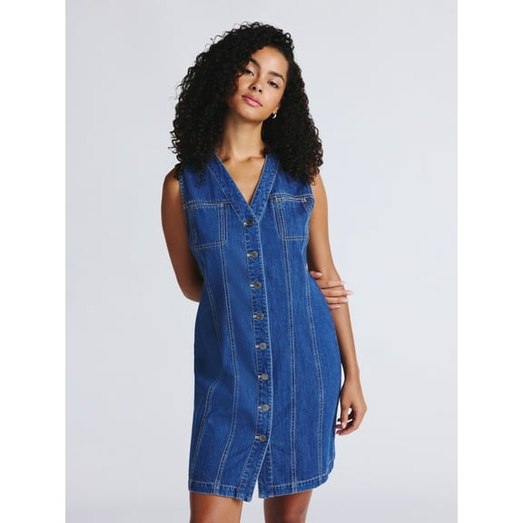 Time and Tru Women's Denim Button Front Mini Dress, Sizes XS-XXXL