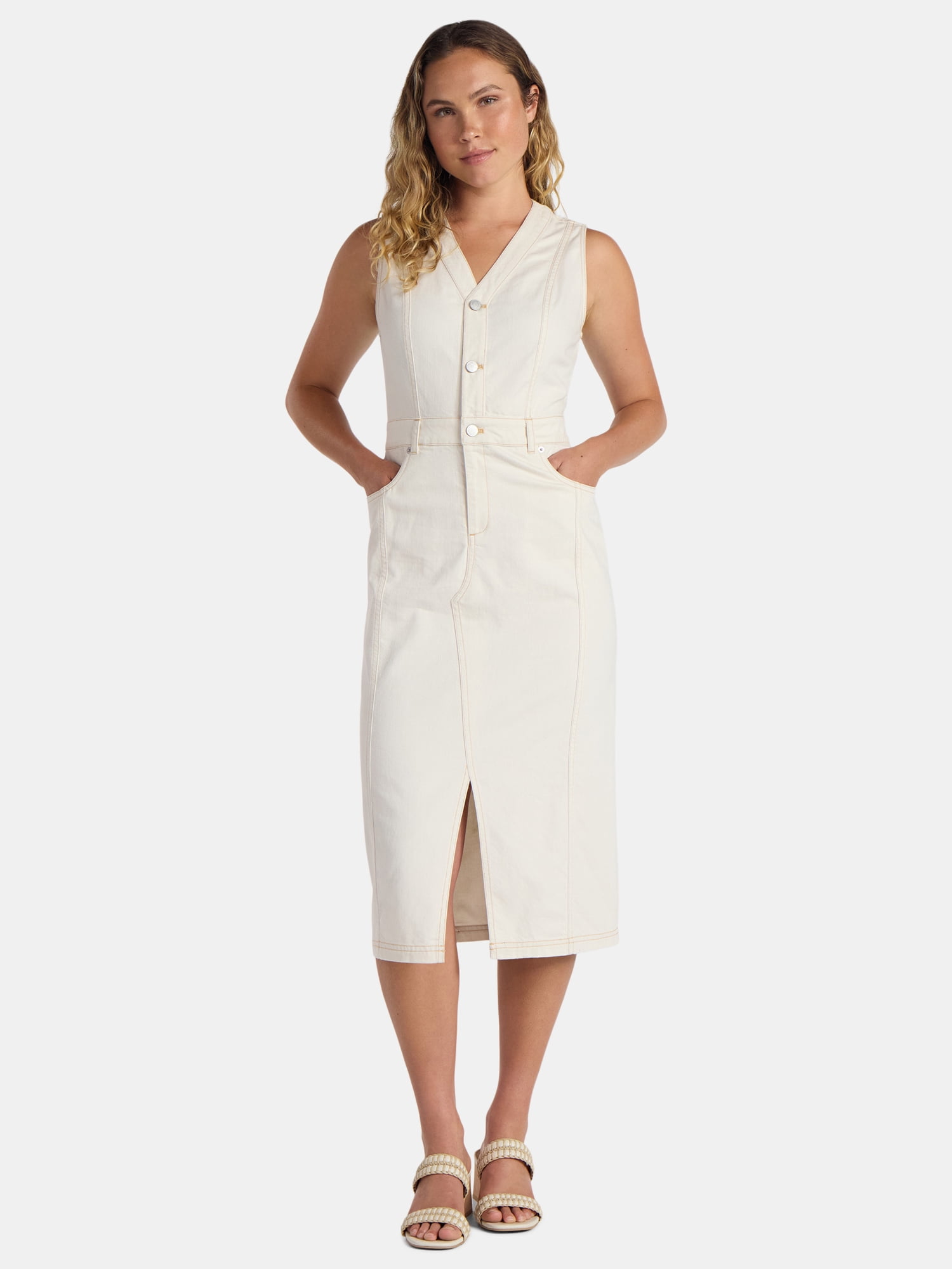Time and Tru Women’s Sleeveless Midi Denim Shirt Dress, XS-3XL