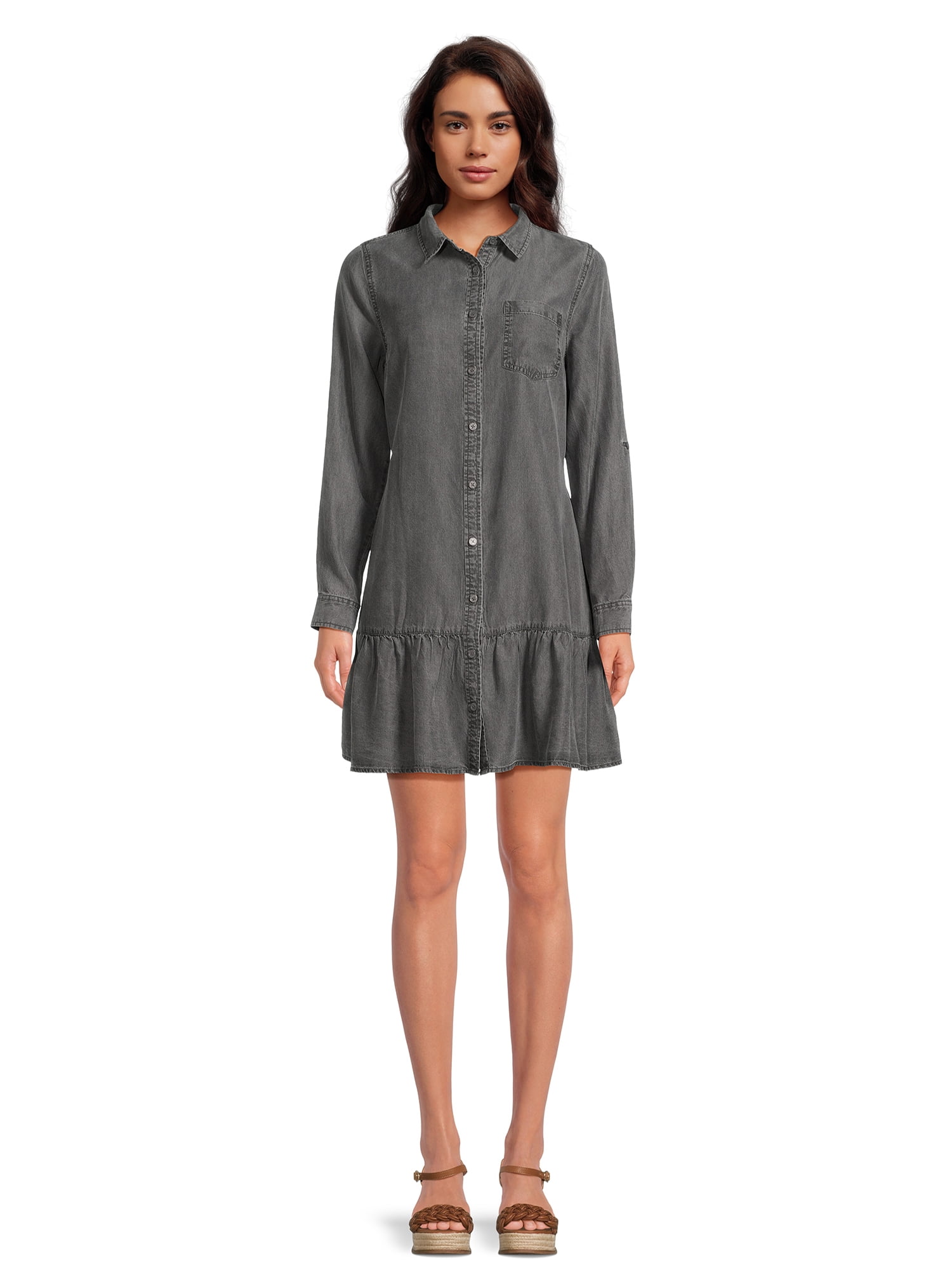 Time and Tru Women's Mini Shirt Dress with Long Sleeves, Sizes S-XXL ...